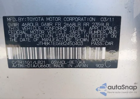 2011 Lexus Es from USA, damaged, VIN JTHBK1EG6B2450403